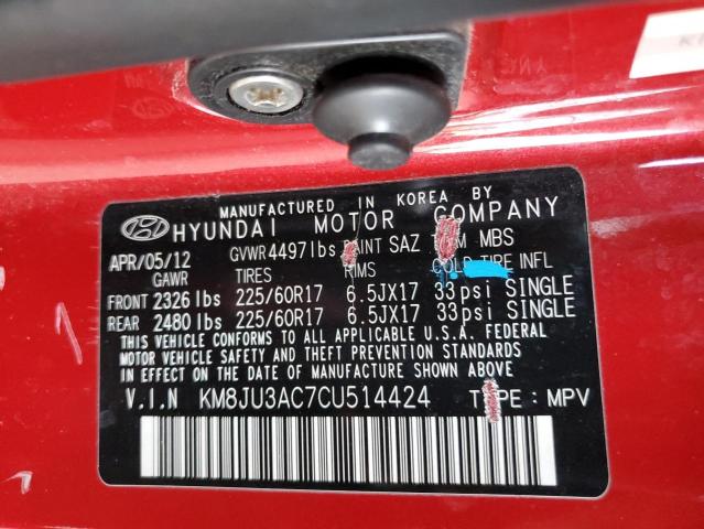 KM8JU3AC7CU514424 - 2012 HYUNDAI TUCSON GLS Qırmızı foto 12