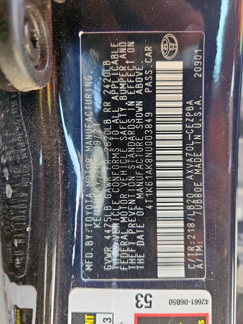 4T1K61AK8NU003849 - 2022 TOYOTA CAMRY XSE BLACK photo 12