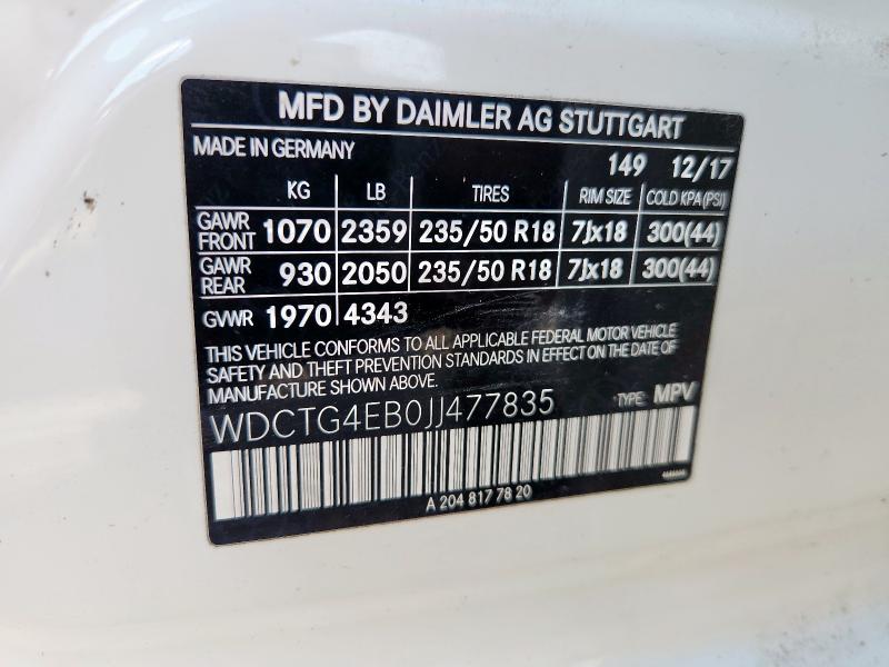 WDCTG4EB0JJ477835 - 2018 MERCEDES-BENZ GLA 250 Beyaz fotoğraf 12