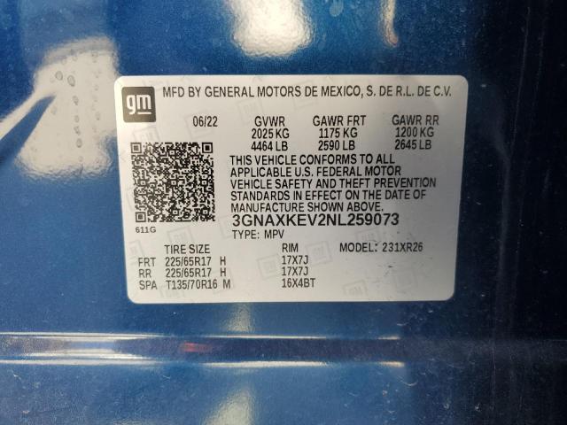 3GNAXKEV2NL259073 - 2022 CHEVROLET EQUINOX LT ლურჯი ფოტო 12