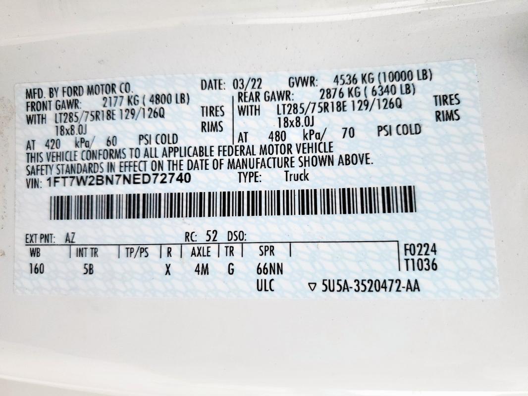 1FT7W2BN7NED72740 - 2022 FORD F250 SUPER DUTY WHITE photo 12