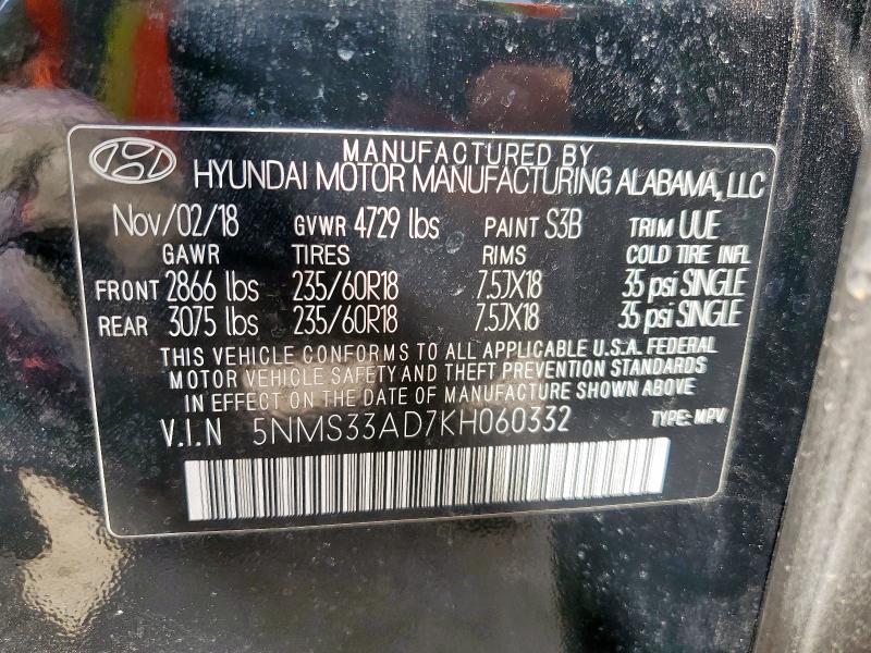 5NMS33AD7KH060332 - 2019 HYUNDAI SANTA FE SEL შავი ფოტო 13