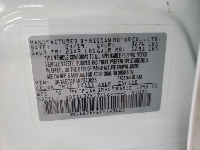 3N1AB7AP8KY343623 - 2019 NISSAN SENTRA S WHITE photo 12