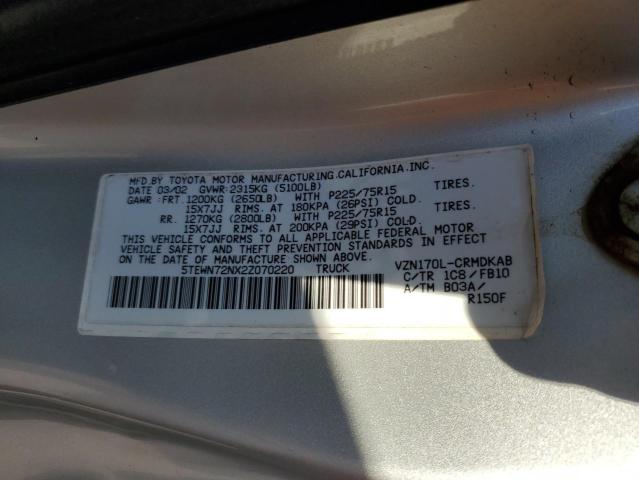 5TEWN72NX2Z070220 - 2002 TOYOTA TACOMA XTRACAB Srebrny zdjęcie 12