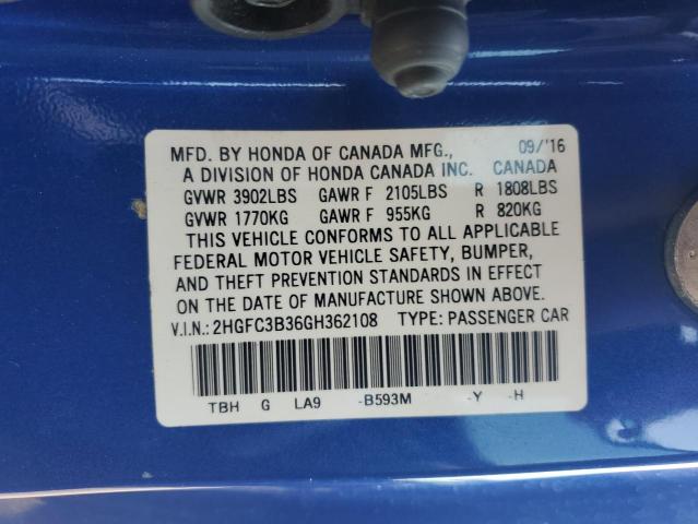 2HGFC3B36GH362108 - 2016 HONDA CIVIC EX BLUE photo 12