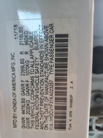 1HGCV1F31KA023257 - 2019 HONDA ACCORD SPORT თეთრი ფოტო 13