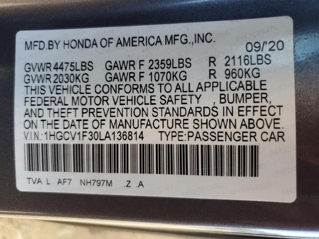 1HGCV1F30LA136814 - 2020 HONDA ACCORD SPORT GRAY photo 12