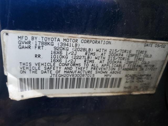 JTEGH20V830087015 - 2003 TOYOTA RAV4 BLUE photo 12