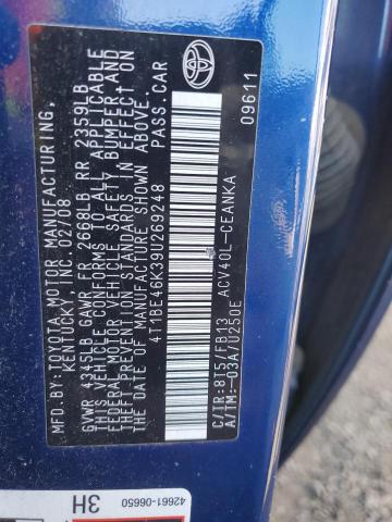 4T1BE46K39U269248 - 2009 TOYOTA CAMRY BASE 蓝色 照片 12