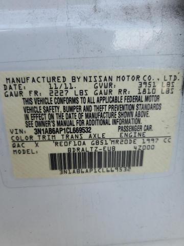 3N1AB6AP1CL669532 - 2012 NISSAN SENTRA 2.0 WHITE photo 13