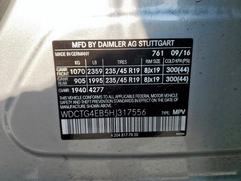 WDCTG4EB5HJ317556 - 2017 MERCEDES-BENZ GLA 250 Silber Foto 12