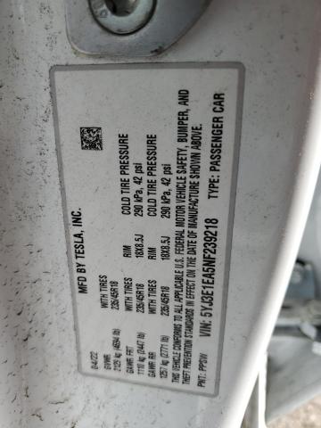 5YJ3E1EA5NF239218 - 2022 TESLA MODEL 3 Biały zdjęcie 12