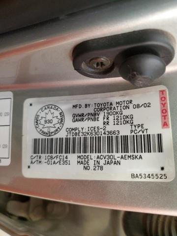 JTDBE32K630143663 - 2003 TOYOTA CAMRY LE SILVER photo 12