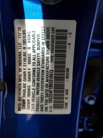 19XZE4F19KE018913 - 2019 HONDA INSIGHT LX BLUE photo 12