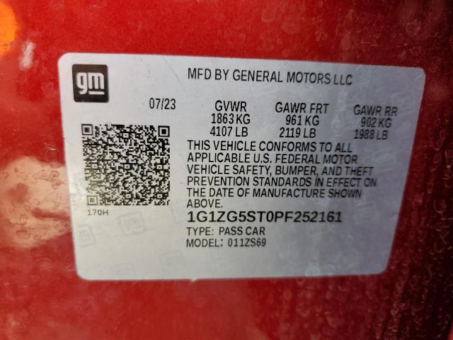 1G1ZG5ST0PF252161 - 2023 CHEVROLET MALIBU RS Червоний фото 12