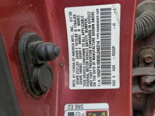 1HGFA16856L046314 - 2006 HONDA CIVIC EX RED photo 12