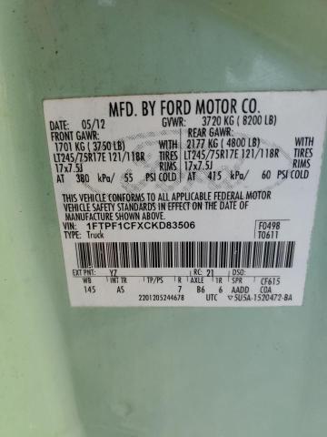 1FTPF1CFXCKD83506 - 2012 FORD F150 GREEN photo 12