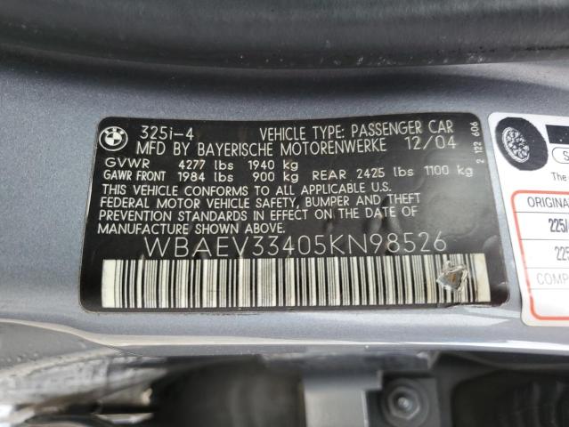 WBAEV33405KN98526 - 2005 BMW 325 I GRAY photo 12