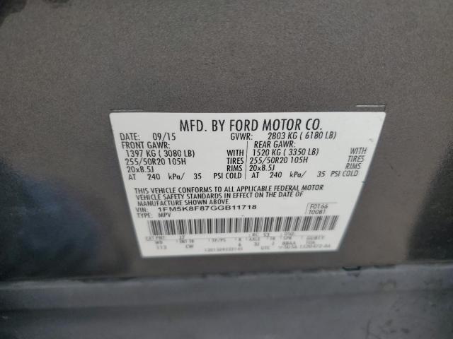 1FM5K8F87GGB11718 - 2016 FORD EXPLORER LIMITED ნაცრისფერი ფოტო 13