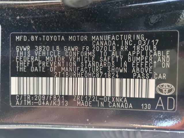 2T1BURHE0HC871824 - 2017 TOYOTA COROLLA L BLACK photo 12
