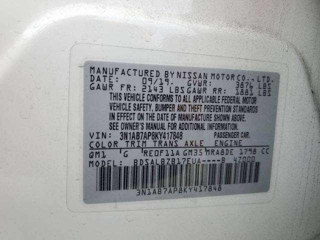 3N1AB7AP8KY417848 - 2019 NISSAN SENTRA S თეთრი ფოტო 13