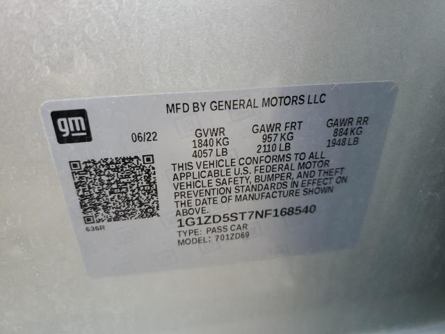 1G1ZD5ST7NF168540 - 2022 CHEVROLET MALIBU LT Сріблястий фото 12