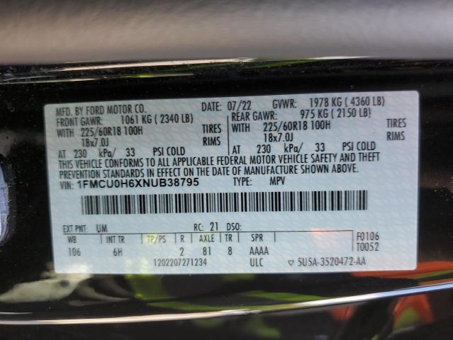 1FMCU0H6XNUB38795 - 2022 FORD ESCAPE SEL BLACK photo 14