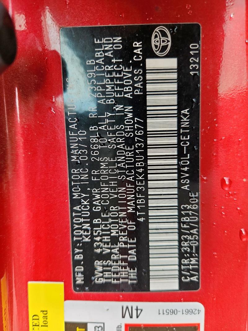 4T1BF3EK4BU137677 - 2011 TOYOTA CAMRY BASE RED photo 12