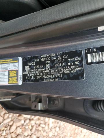 3KPF24AD0NE474753 - 2022 KIA FORTE FE GRAY photo 12