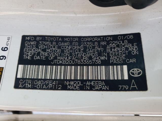 JTDKB20U783365738 - 2008 TOYOTA PRIUS Ақ фото 12