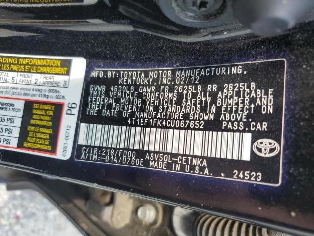 4T1BF1FK4CU067652 - 2012 TOYOTA CAMRY BASE BLACK photo 13