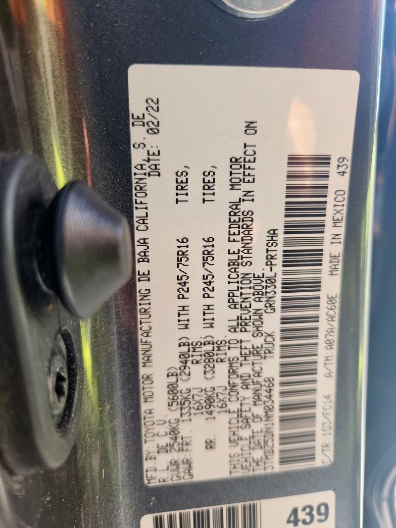 3TMBZ5DN1NM034468 - 2022 TOYOTA TACOMA DOUBLE CAB გრაფიტი ფოტო 13