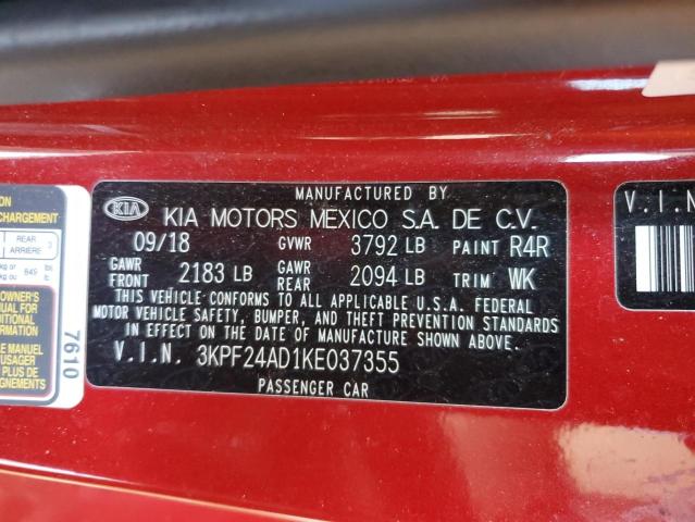3KPF24AD1KE037355 - 2019 KIA FORTE FE RED photo 12