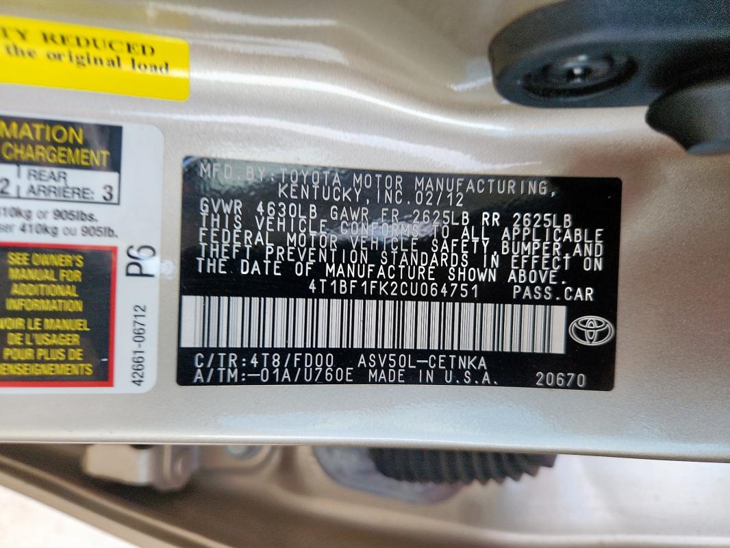 4T1BF1FK2CU064751 - 2012 TOYOTA CAMRY BASE 棕色 照片 12