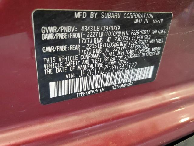 JF2GTADC2KH340322 - 2019 SUBARU CROSSTREK PREMIUM BURGUNDY photo 12