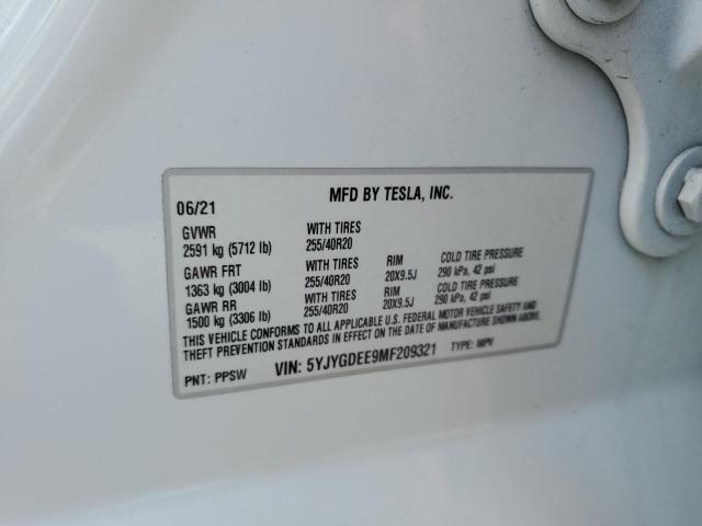5YJYGDEE9MF209321 - 2021 TESLA MODEL Y Biały zdjęcie 13