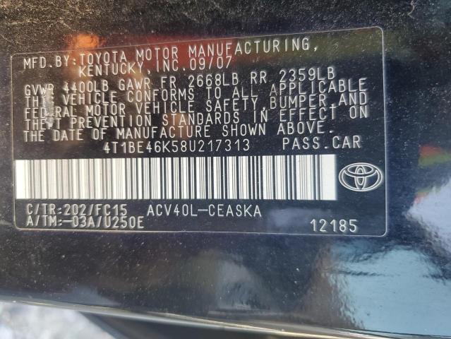 4T1BE46K58U217313 - 2008 TOYOTA CAMRY CE შავი ფოტო 12