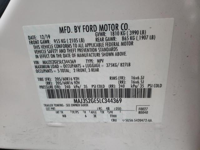 MAJ3S2GE5LC344369 - 2020 FORD ECOSPORT SE WHITE photo 12