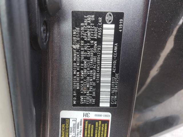 4T4BE46K58R042793 - 2008 TOYOTA CAMRY CE GRAY photo 12