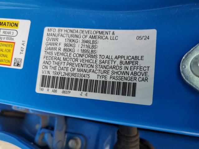 19XFL2H83RE030475 - 2024 HONDA CIVIC SPORT ლურჯი ფოტო 12