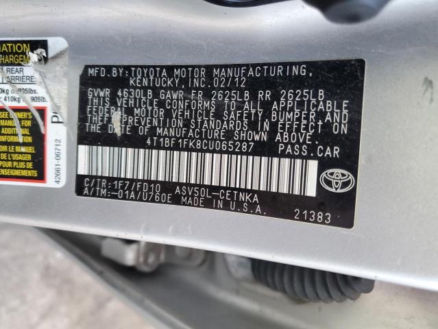 4T1BF1FK8CU065287 - 2012 TOYOTA CAMRY BASE SILVER photo 12