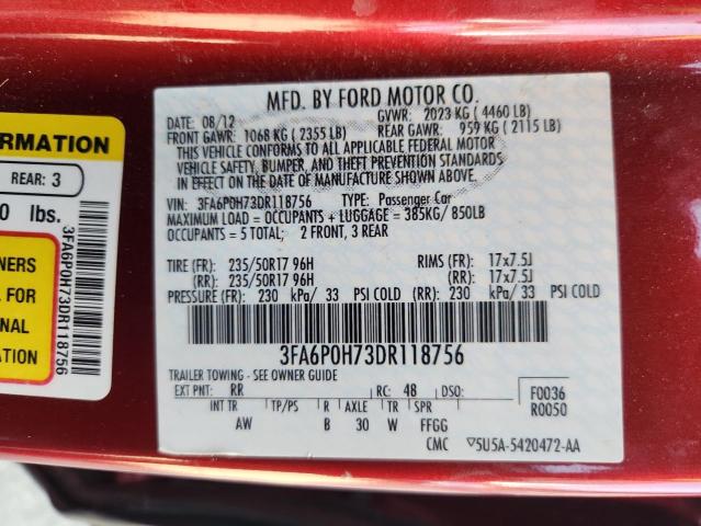 3FA6P0H73DR118756 - 2013 FORD FUSION SE 栗色 照片 12