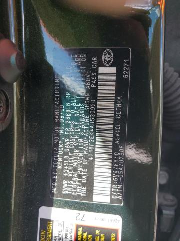 4T1BF3EK4AU530920 - 2010 TOYOTA CAMRY BASE 绿色 照片 12