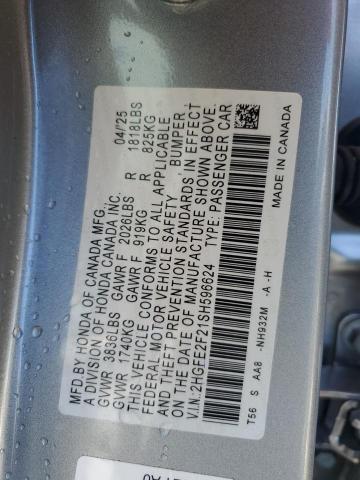 2HGFE2F21SH596624 - 2025 HONDA CIVIC LX SILVER photo 12