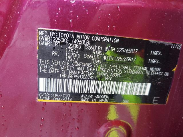 JTMRJREV5HD087427 - 2017 TOYOTA RAV4 HV LE წითელი ფოტო 13