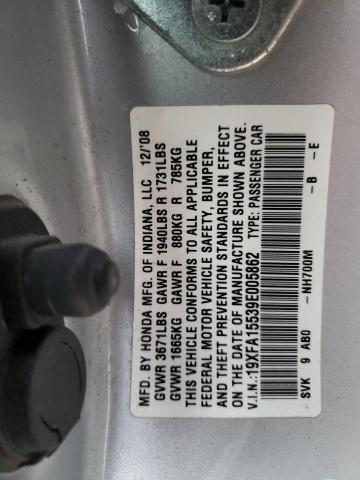 19XFA15539E005862 - 2009 HONDA CIVIC LX SILVER photo 12