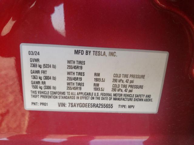 7SAYGDEE5RA255655 - 2024 TESLA MODEL Y Կարմիր լուսանկար 12