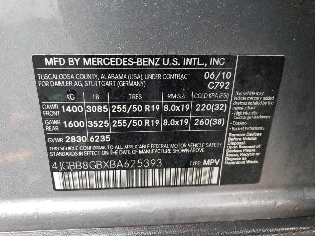 4JGBB8GBXBA625393 - 2011 MERCEDES-BENZ ML 350 4MATIC GRAY photo 13