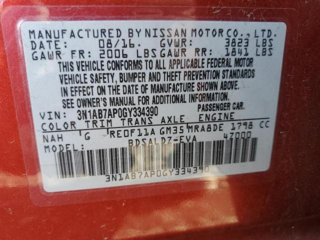 3N1AB7AP0GY334390 - 2016 NISSAN SENTRA S RED photo 12