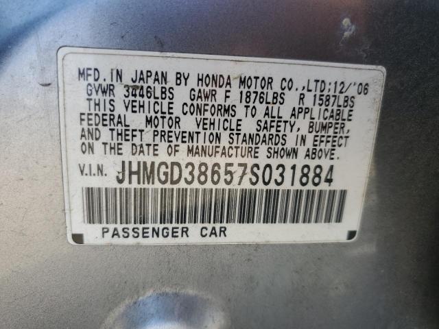 JHMGD38657S031884 - 2007 HONDA FIT S SILVER photo 13